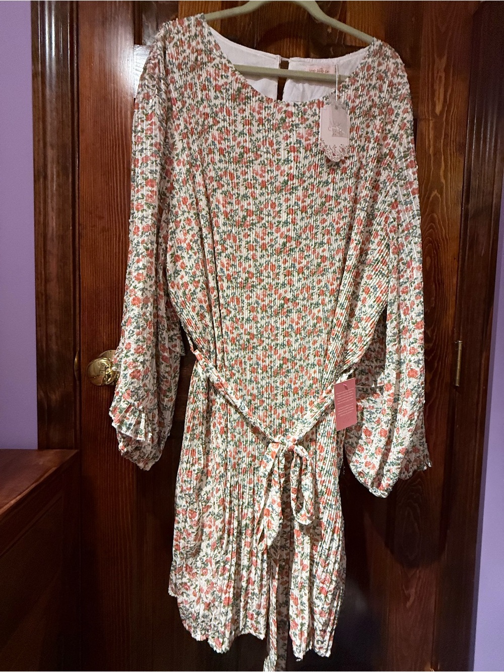 Ivy City Co Floral Smocked Long Sleeve Mini Dress in Cream, Coral & Green